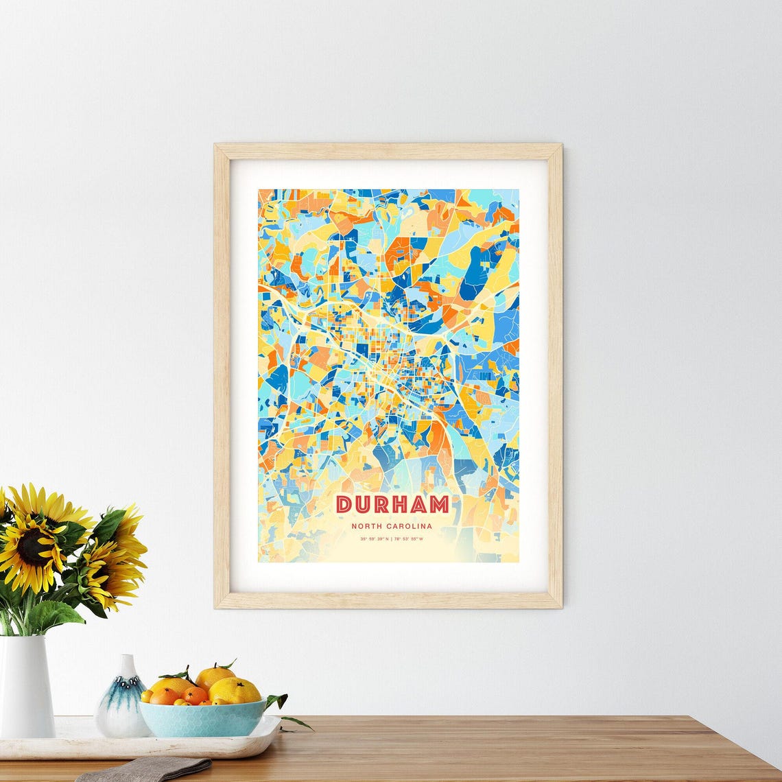 Durham North Carolina Colorful City Map Art Poster Blue Orange Design - Image 2
