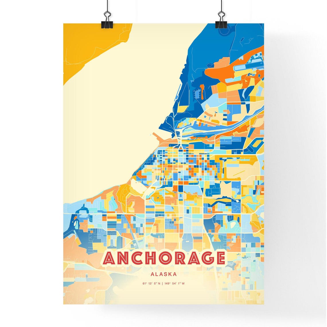 Anchorage Alaska Colorful City Map Art Poster Blue Orange Inlet Design - Image 3