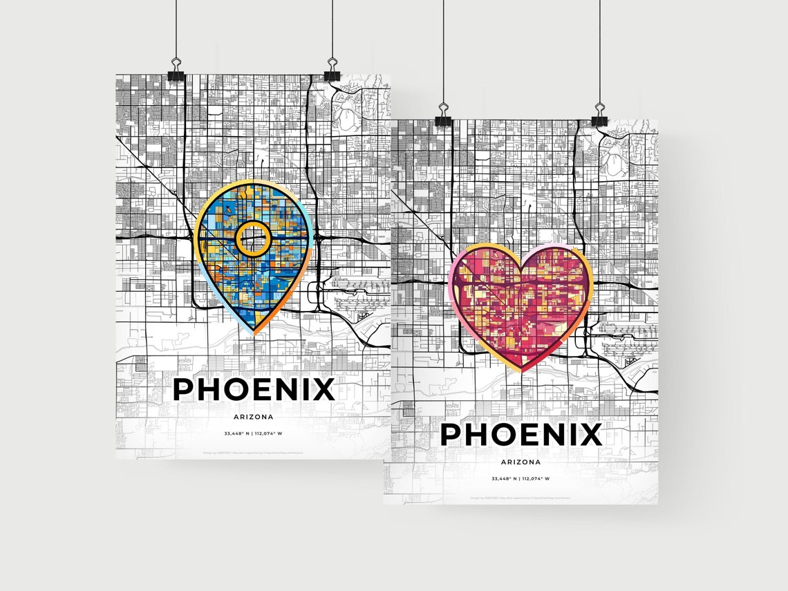 Phoenix Arizona Minimal City Map Colorful Heart Icon Art Poster - Image 2