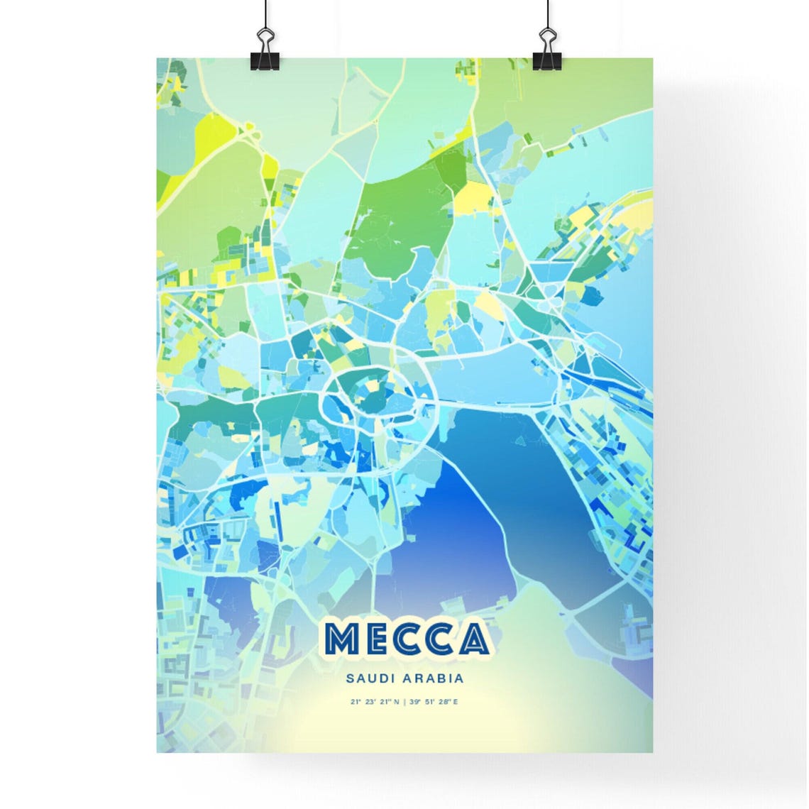 Mecca Saudi Arabia Bluish Watercolor City Map Art Poster Wall Decor - Image 3