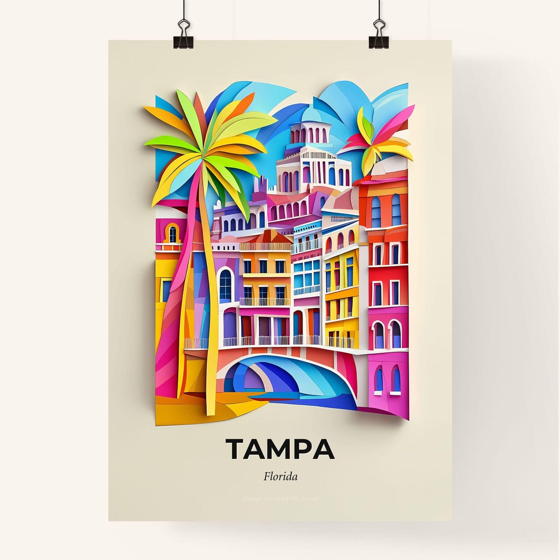 Tampa Florida Palm Trees Colorful Buildings Paper Cut Poster - Image 4