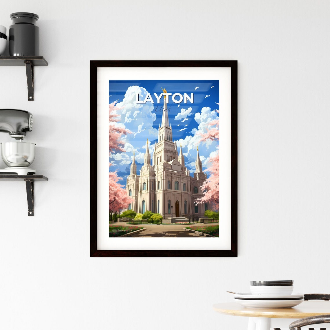 Layton Utah White Temple Spires Cherry Blossom Garden Travel Poster - Image 2