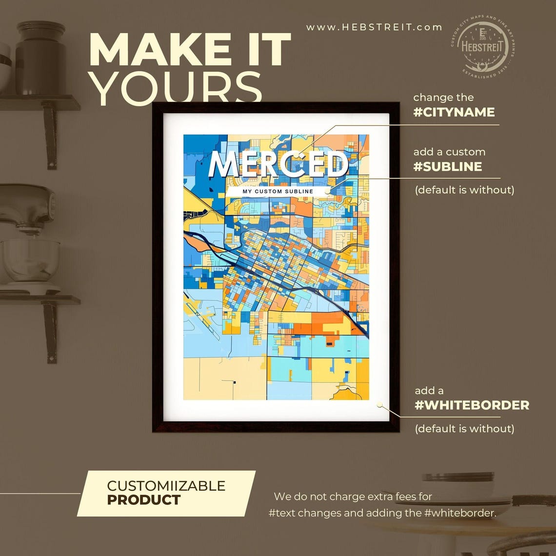 Merced California Bright Mosaic City Street Map Artwork Poster - Image 3