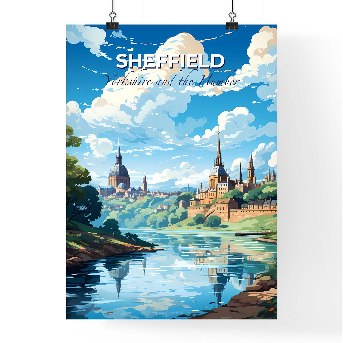 Sheffield Yorkshire River Reflection Spires Domes Travel Poster - Image 4