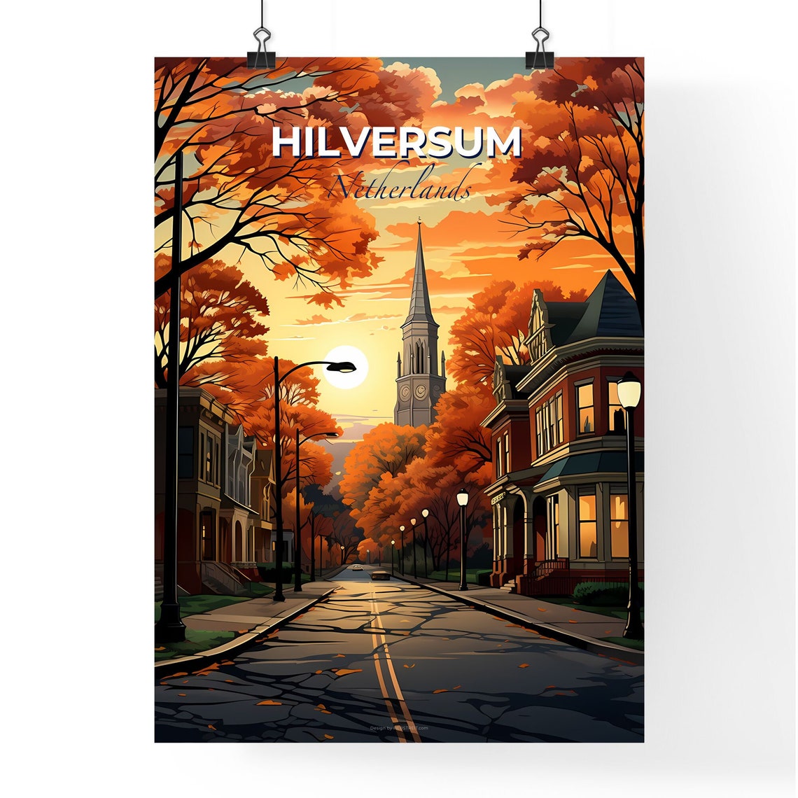Vivid Hilversum Netherlands Autumn Street Church Spire Poster - Image 4