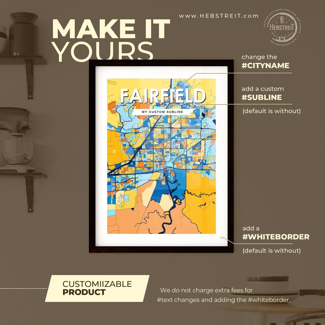 Fairfield California Bright Mosaic City Street Map Artwork Poster - Image 2