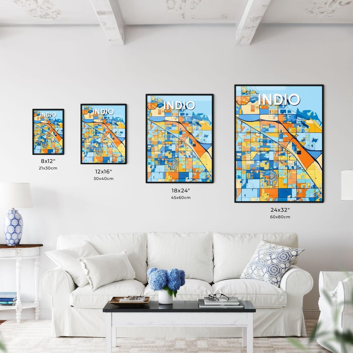 Indio California Vibrant Blue Orange Mosaic City Street Map Poster - Image 3