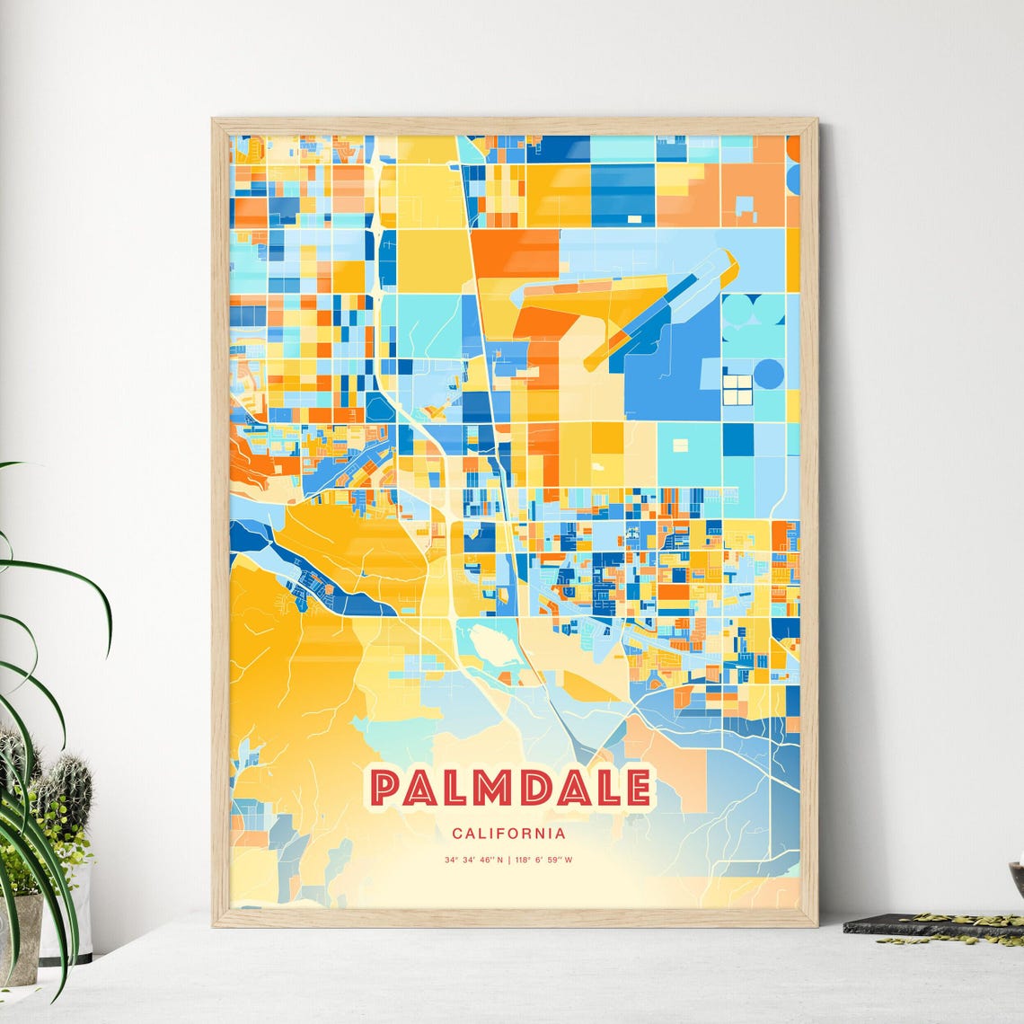 Palmdale California Vibrant Modern Blue Orange City Map Art Poster
