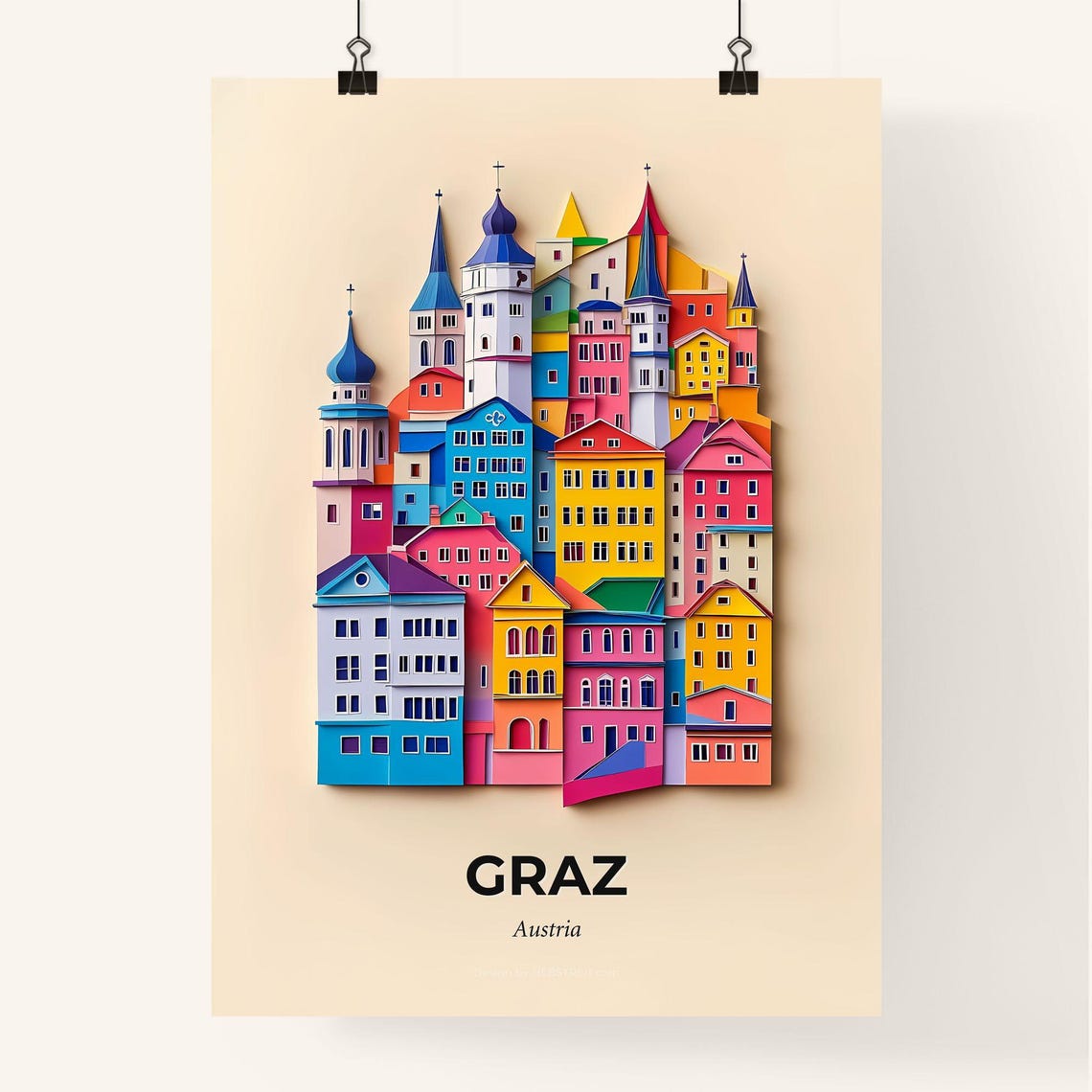 Graz Austria Colorful Papercut Old Town Cityscape Travel Poster - Image 4