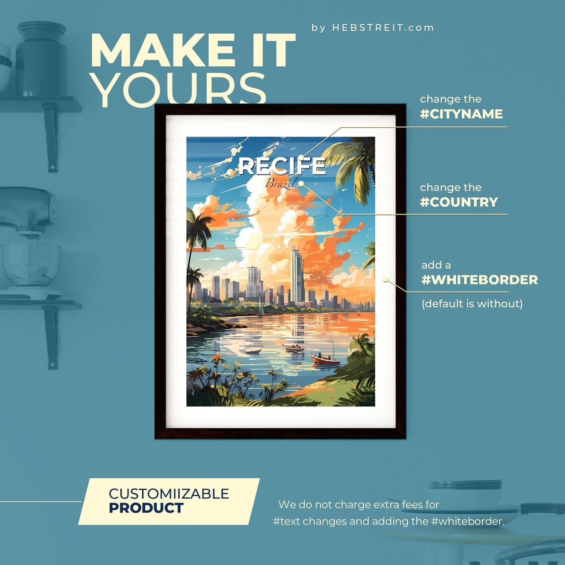 Recife Brazil Skyline Travel Poster Tropical Sunset Palm Trees Waterfront Art - Image 2