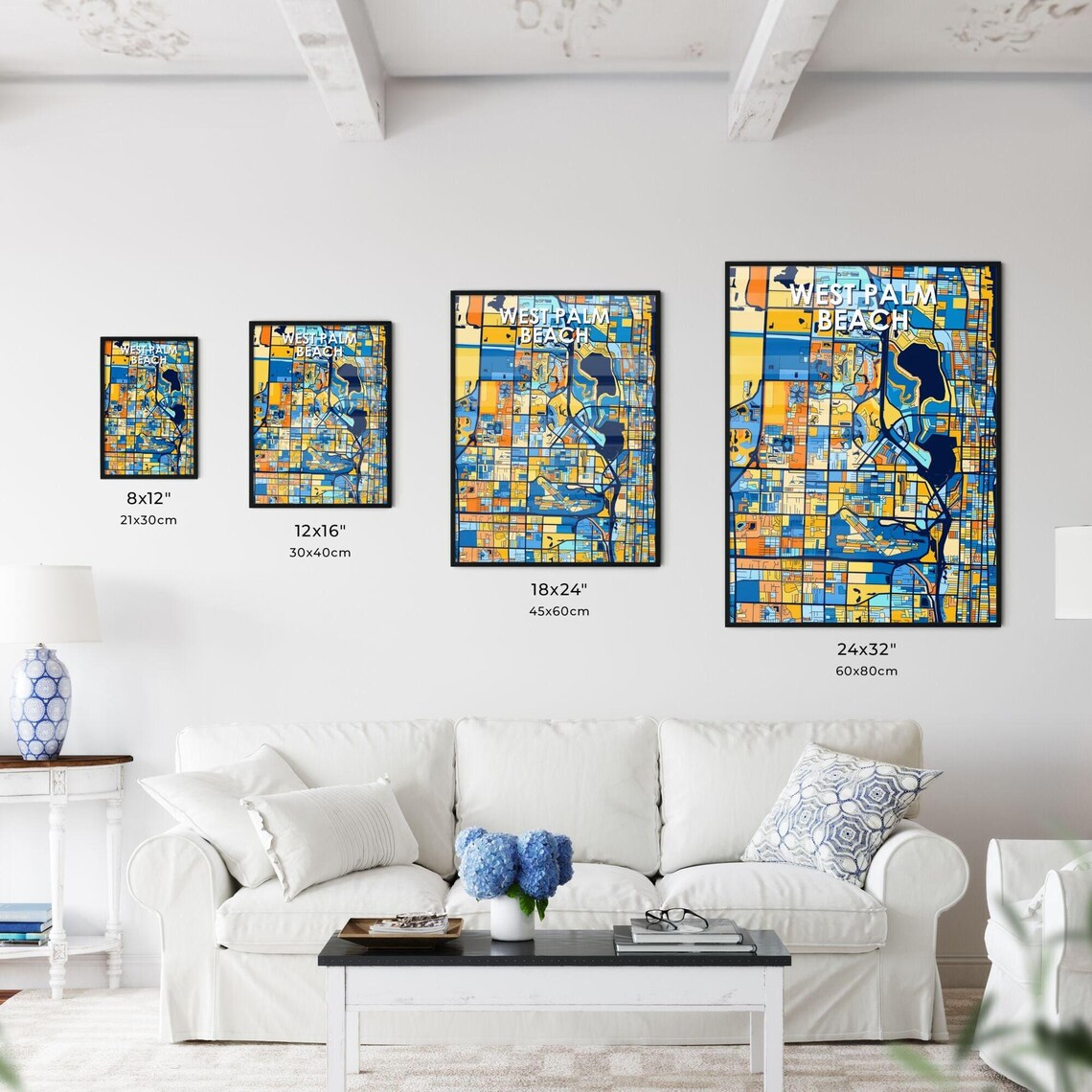 West Palm Beach Florida Stylish Vibrant Blue and Orange Mosaic City Map Poster - Image 3