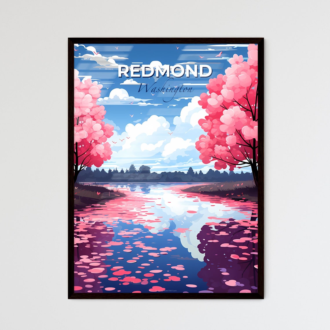 Redmond Washington Cherry Blossom River Blue Sky Travel Poster