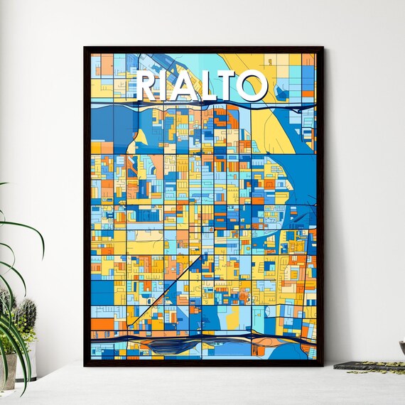 Vibrant Colorful City Map Art of Rialto California Poster for Home