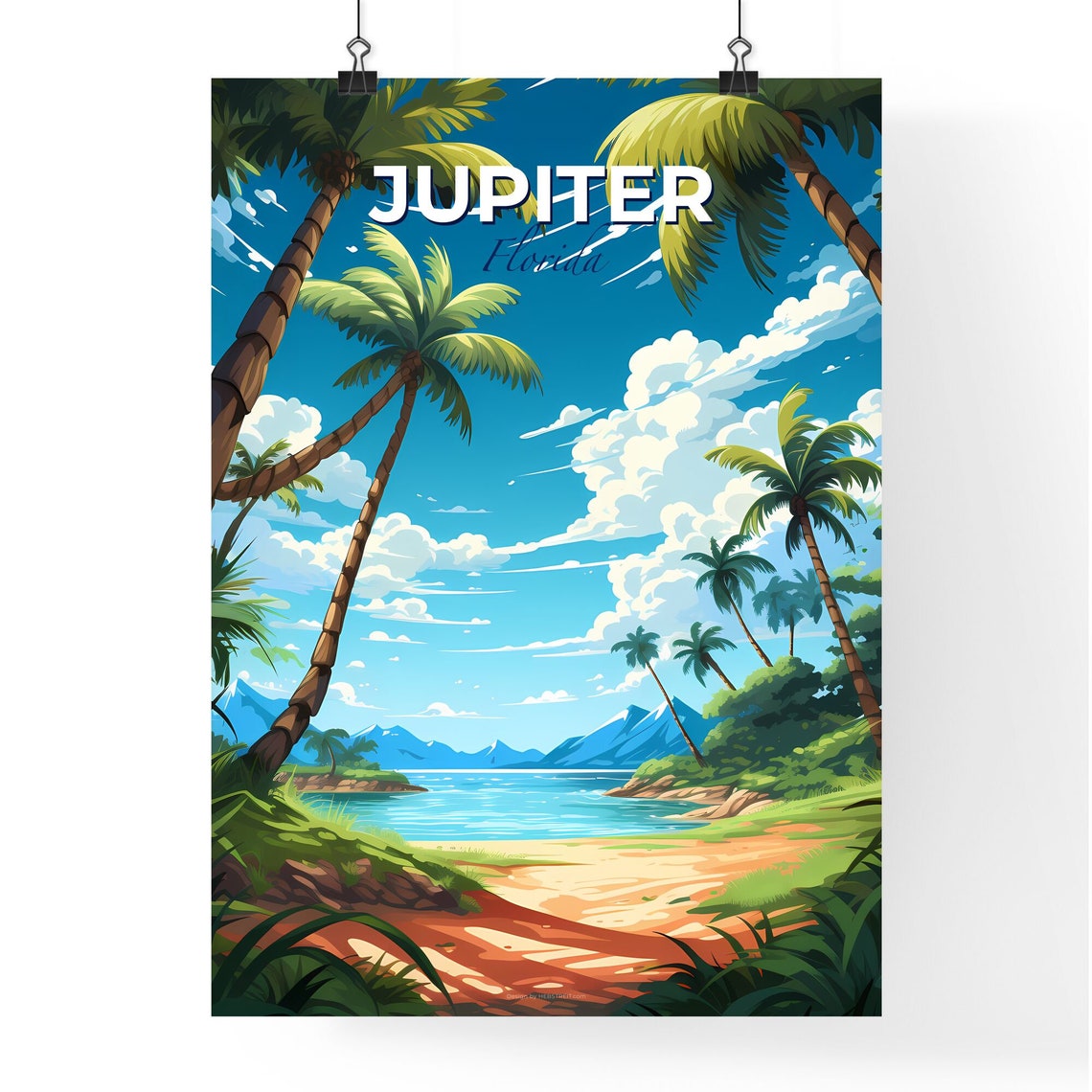 Jupiter Florida Tropical Beach Cove With Palm Trees Art Poster - Image 4