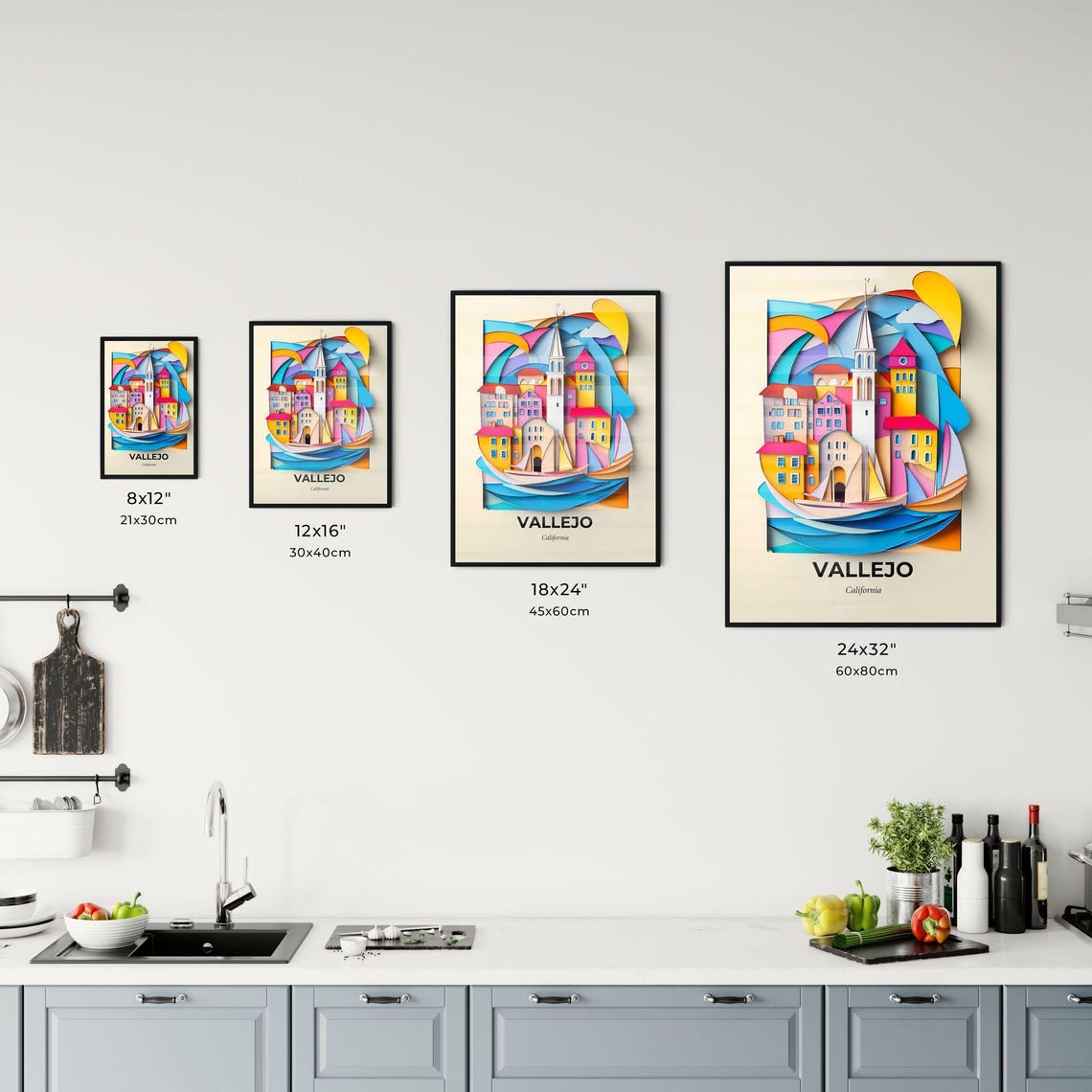 Vallejo California Waterfront Town Sailboats Paper Cut Poster - Image 3