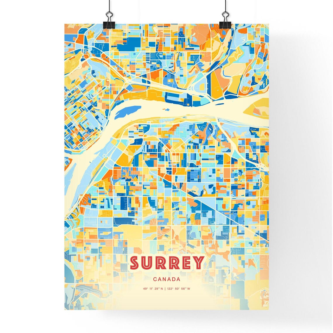 Surrey Canada Colorful Blue Orange City Street Map Coordinates Poster - Image 3