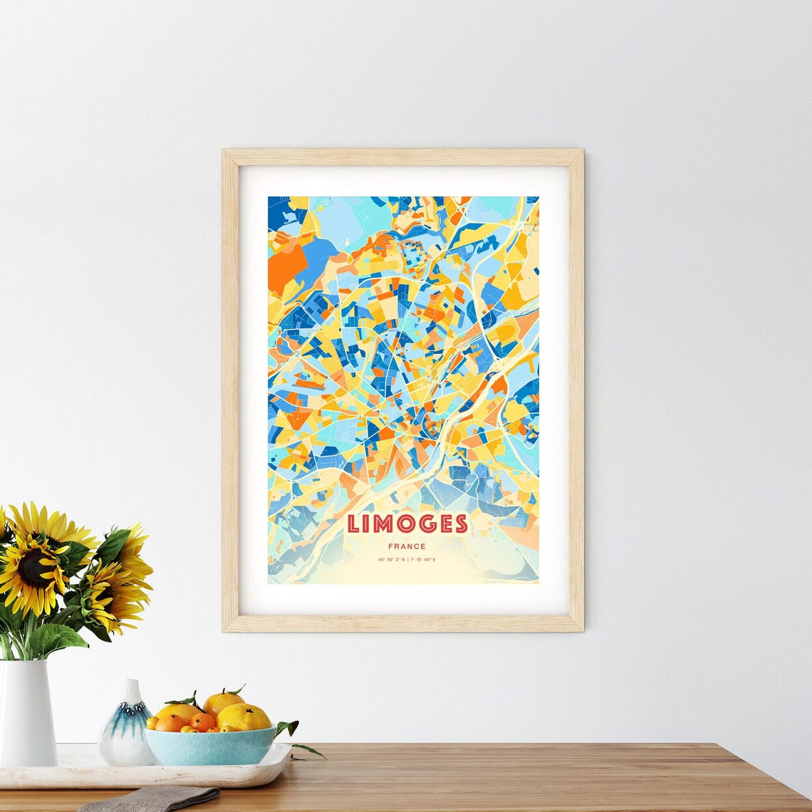 Limoges France Modern Colorful Abstract City Map Blue Orange Poster - Image 2