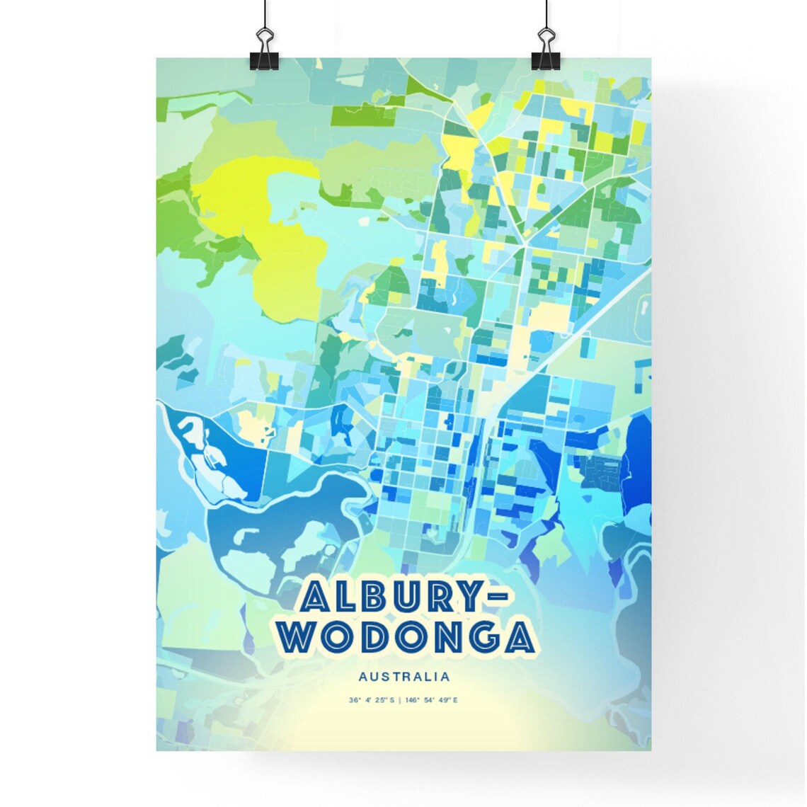 Albury-Wodonga Australia Bluish Watercolor City Map Art Poster Wall Decor - Image 3