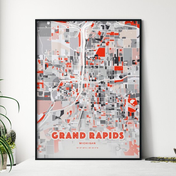Grand Rapids Michigan Modern Red Expressive City Map Art Poster