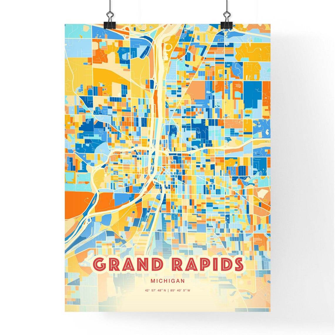 Grand Rapids Michigan Vibrant Blue Orange Mosaic City Map Poster - Image 3