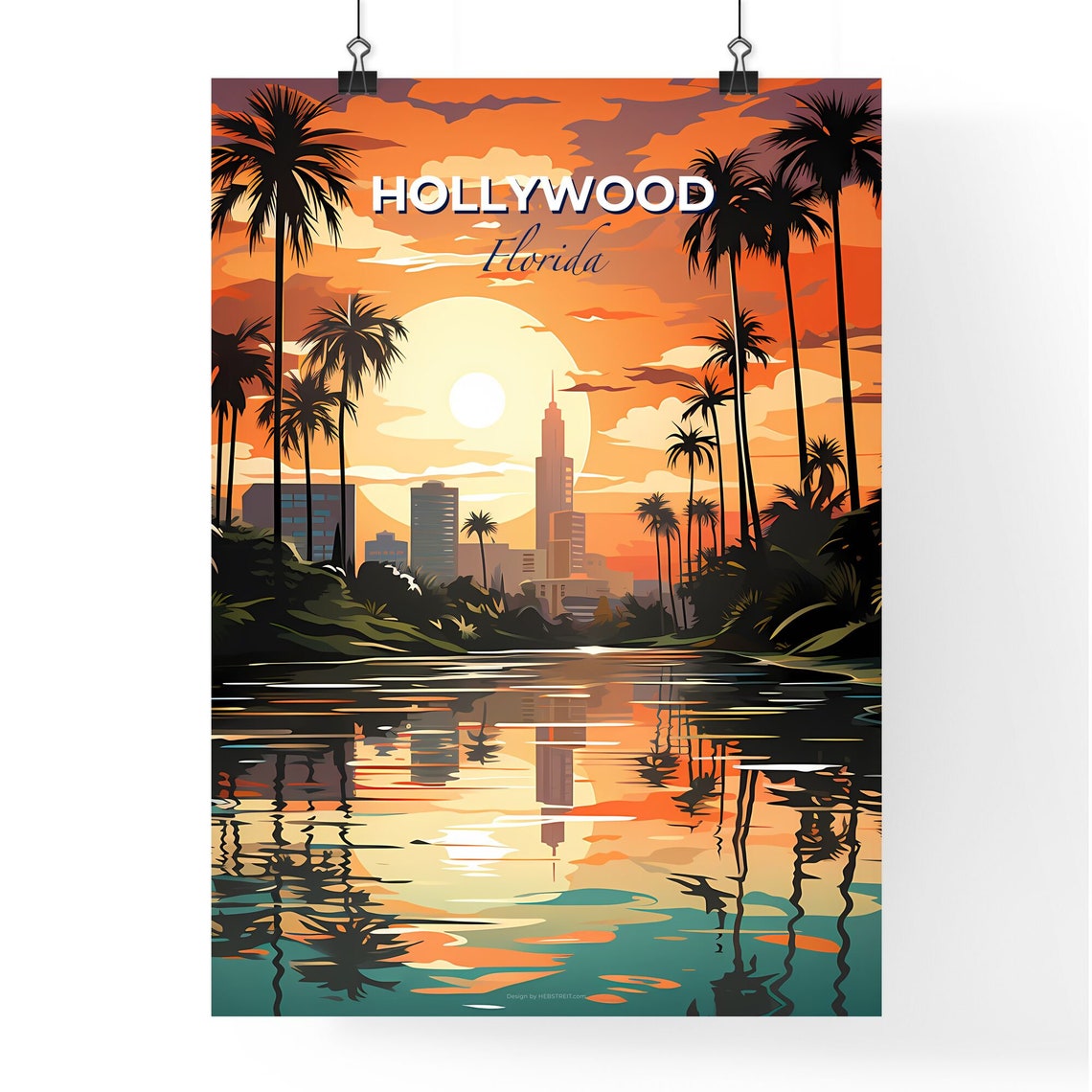 Hollywood Florida Sunset Palm Trees River Skyline Travel Poster - Image 4