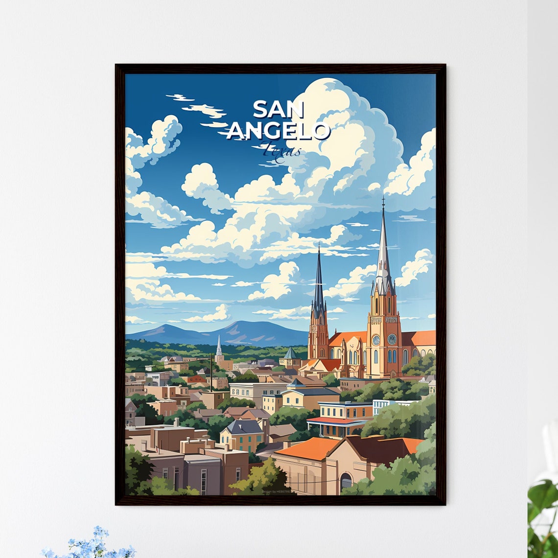 San Angelo Texas Church Spires Blue Sky Town View Travel Poster