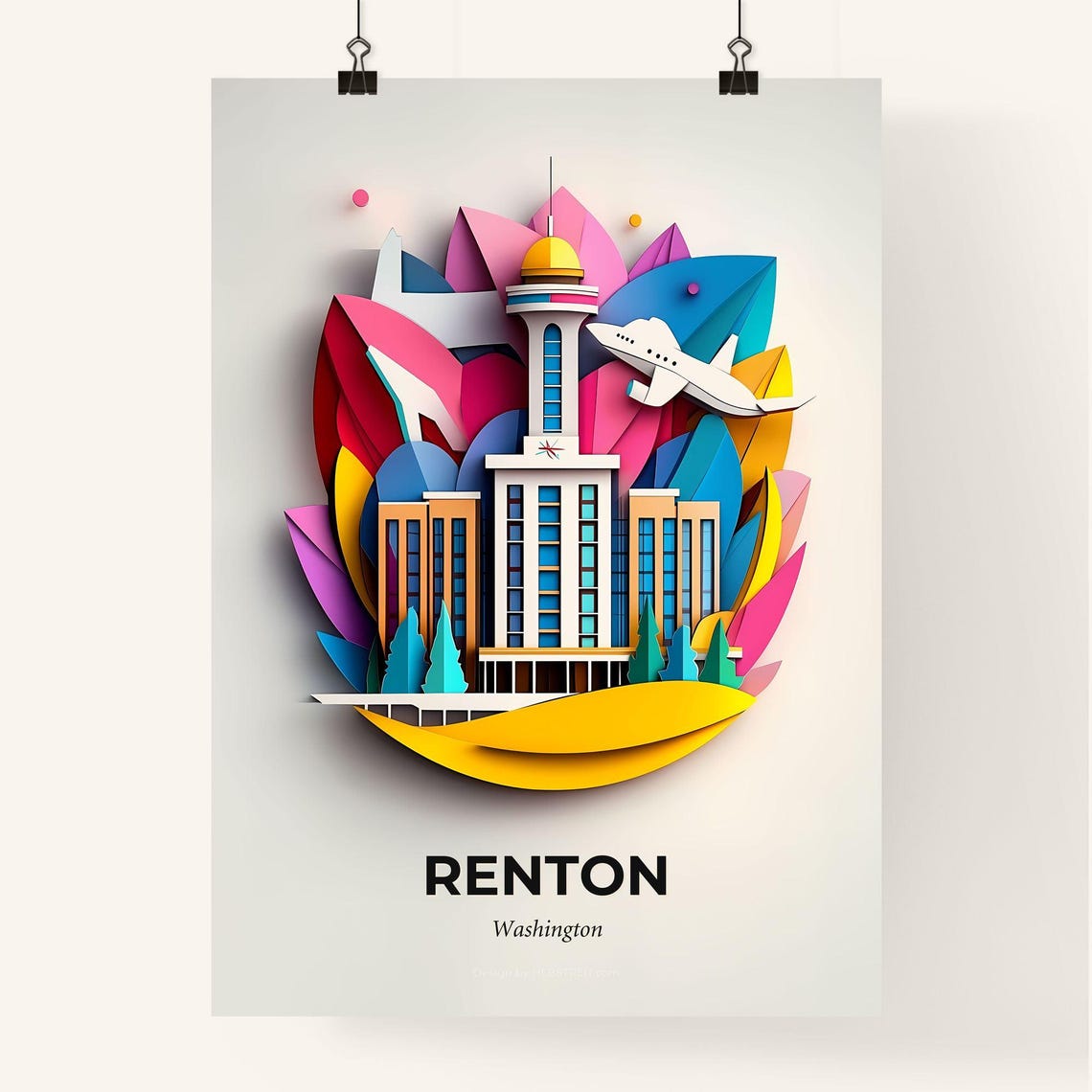 Vivid Renton Washington A Paper Cut Print Of A Building With A Plane Flying Over It Fine Art Print Customizable - Image 4