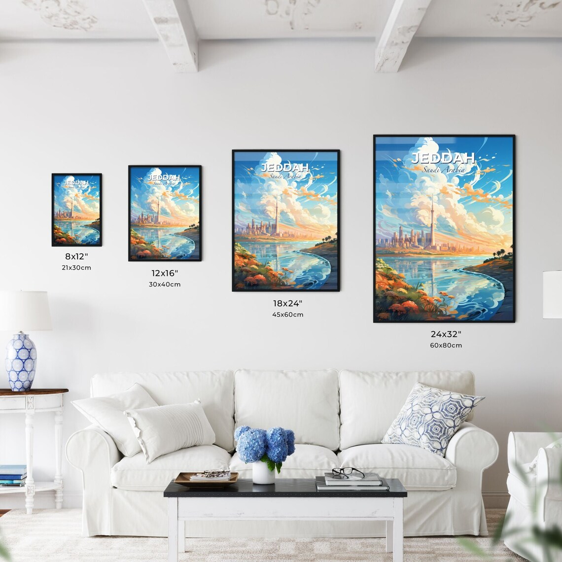 Jeddah Saudi Arabia Travel Poster Waterfront Skyline Tower Sunset Illustration - Image 3