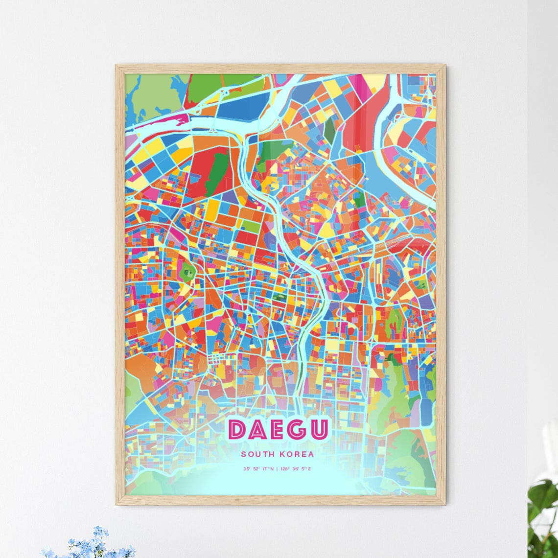 Daegu South Korea Colorful City Map Art Poster in Pink and Turquoise