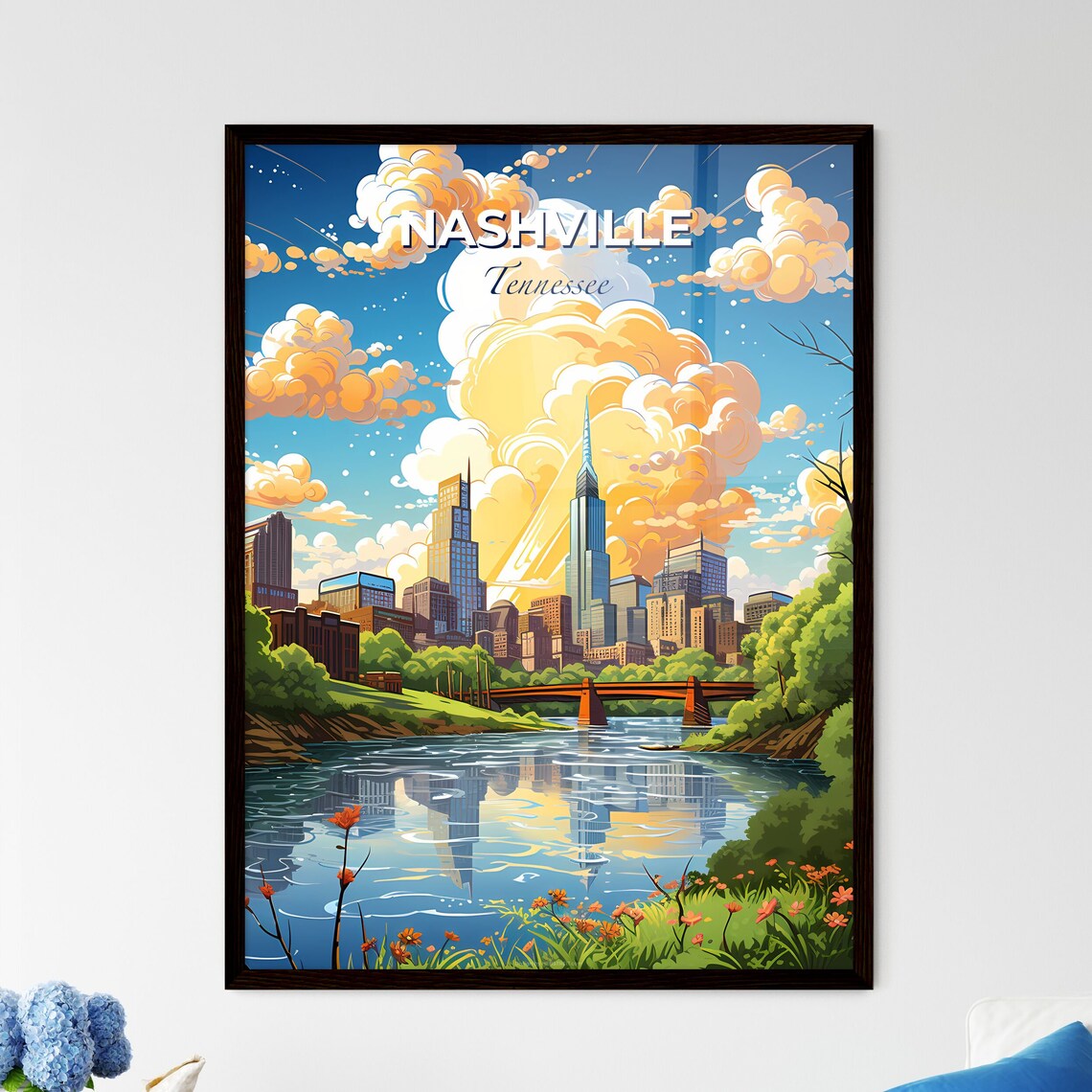 Nashville Tennessee Poster Illustrated Skyline River Bridge Travel Art