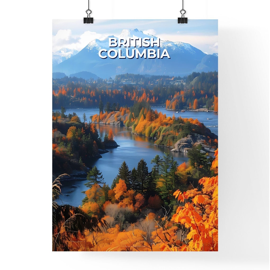 British Columbia Autumn River Snow Capped Mountain Travel Poster - Image 4