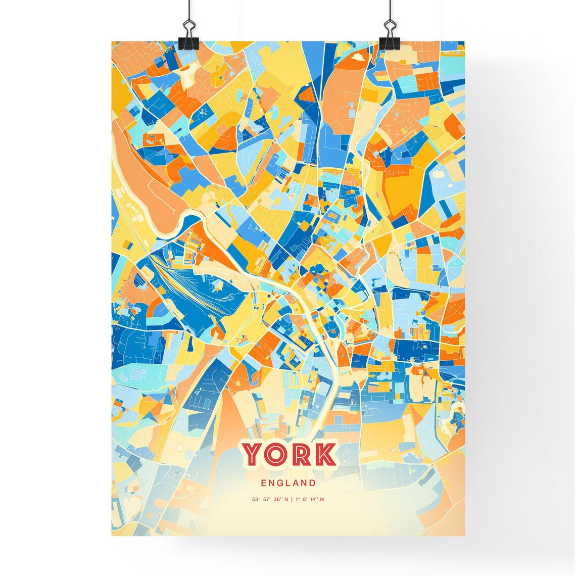 York England Colorful Blue Orange Modern City Street Map Poster - Image 3