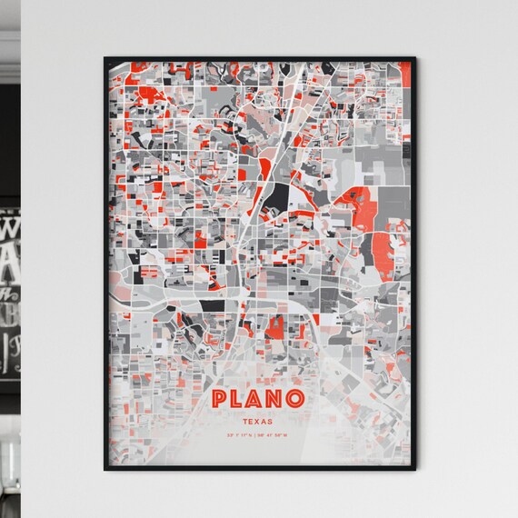 Plano Texas Expressive Red Modern Decorative City Map Art Poster