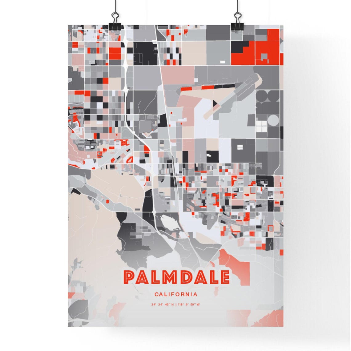 Palmdale California City Map Art Poster Red Gray Expressive Wall Look - Image 3