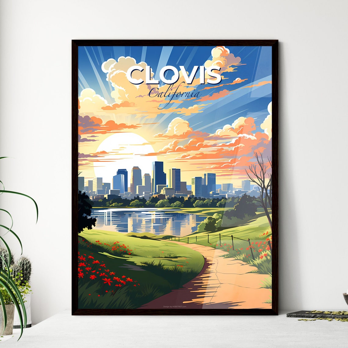 Clovis California Sunset Skyline Lake Park Path Travel Poster