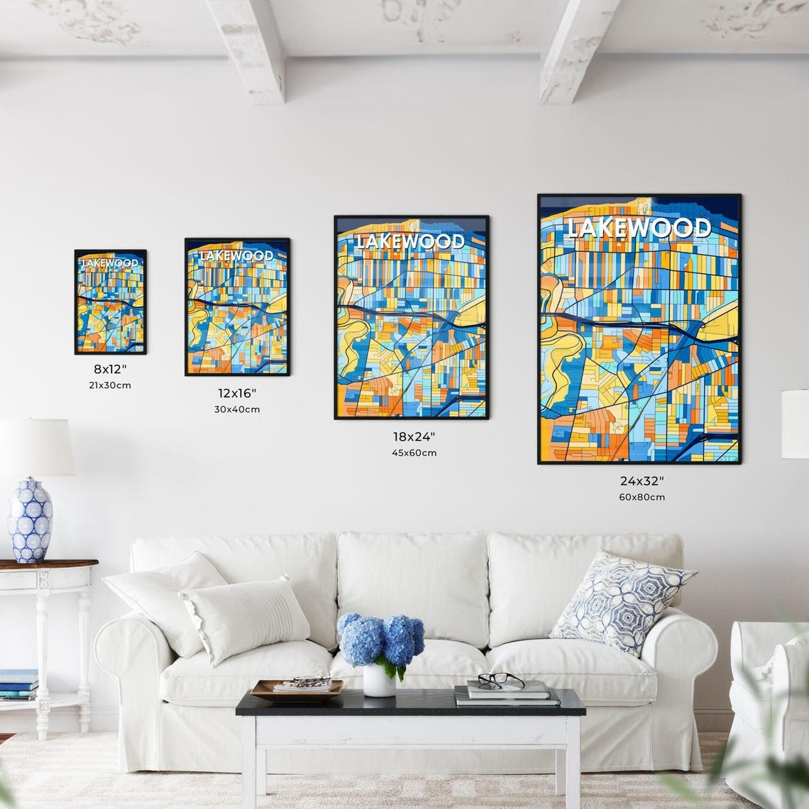 Lakewood Ohio Vibrant Geometric City Map Art Poster in Blue and Orange - Image 3