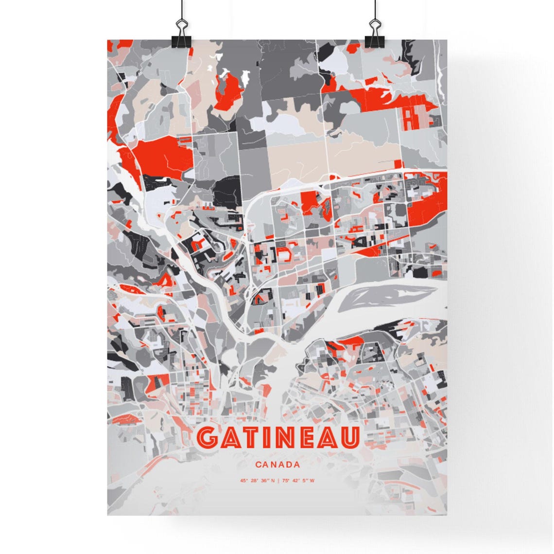 Gatineau Canada Expressive Red Abstract Modern City Map Art Poster - Image 3