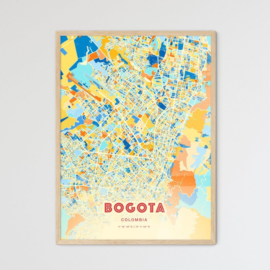 Bogota Colombia Bold Vibrant Blue Orange Mosaic City Map Poster