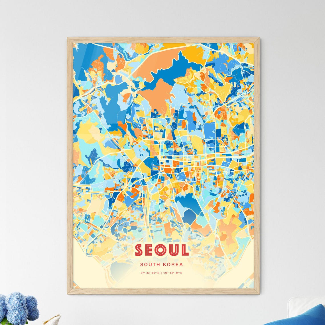 Seoul South Korea Blue Orange Mountain View City Map Art Poster