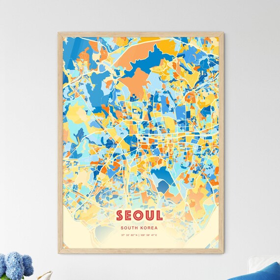 Seoul South Korea Blue Orange Mountain View City Map Art Poster