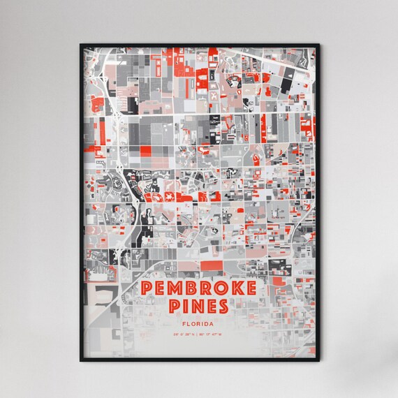 Pembroke Pines Florida Modern Red Expressive City Map Poster