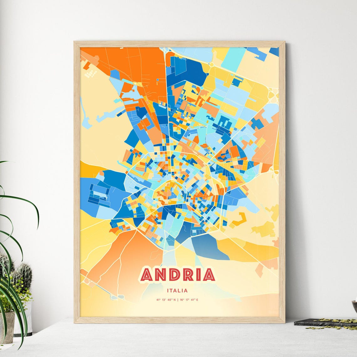 Andria Italy Vibrant Stylized Blue Orange City Map Retro Print