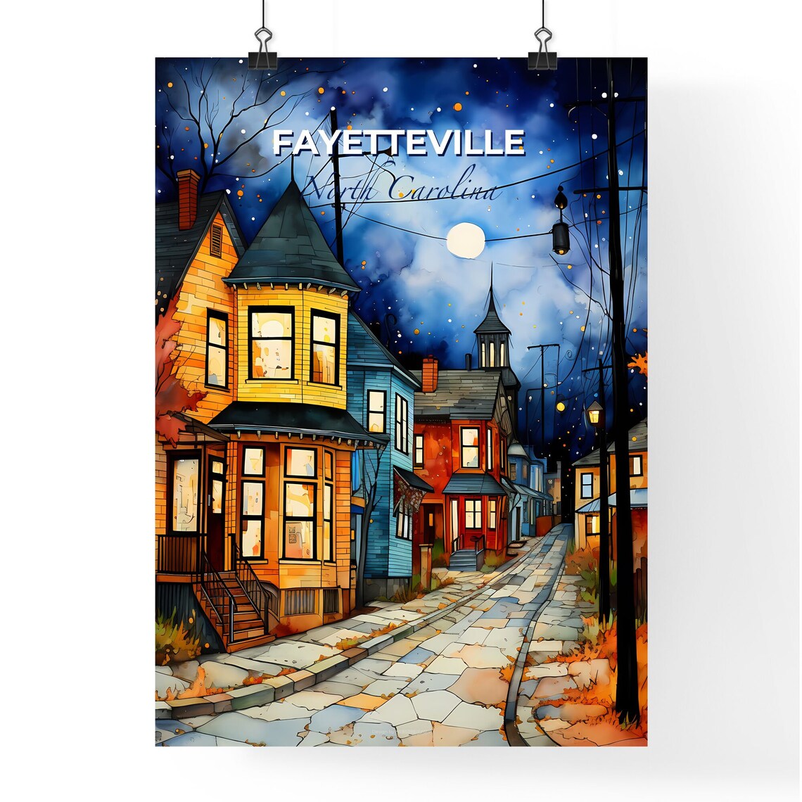 Fayetteville North Carolina Cozy Night Street Moonlight Town Poster - Image 4