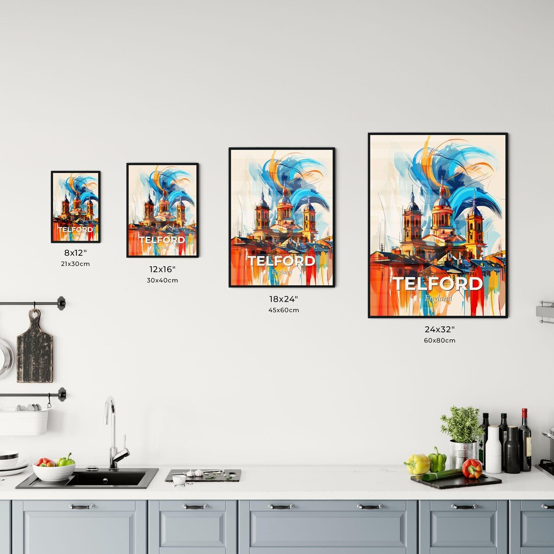 Telford England Colorful Abstract Church Towers Skyline Art Poster - Image 3
