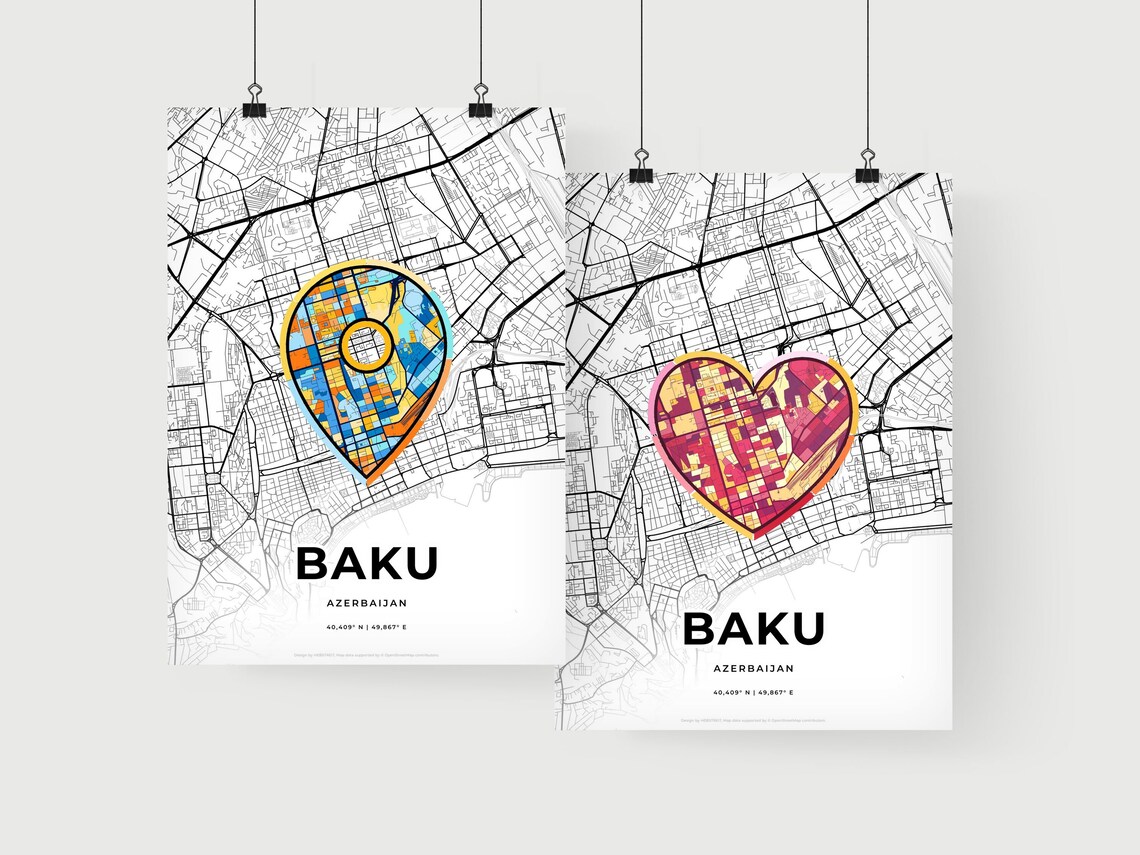 Baku Azerbaijan Modern Minimalist Heart Street Map Art Poster - Image 2