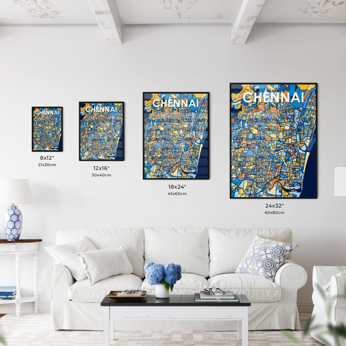 Chennai India Bold Colorful Blue Orange Fine Art City Map Poster - Image 3