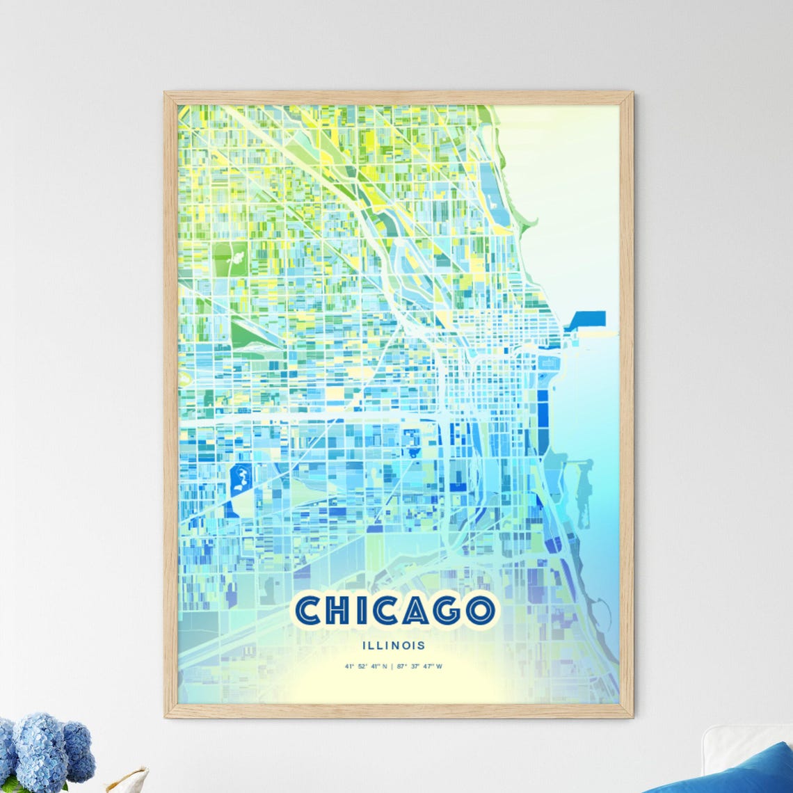 Chicago Illinois Bluish Gradient City Map Art Poster Customizable