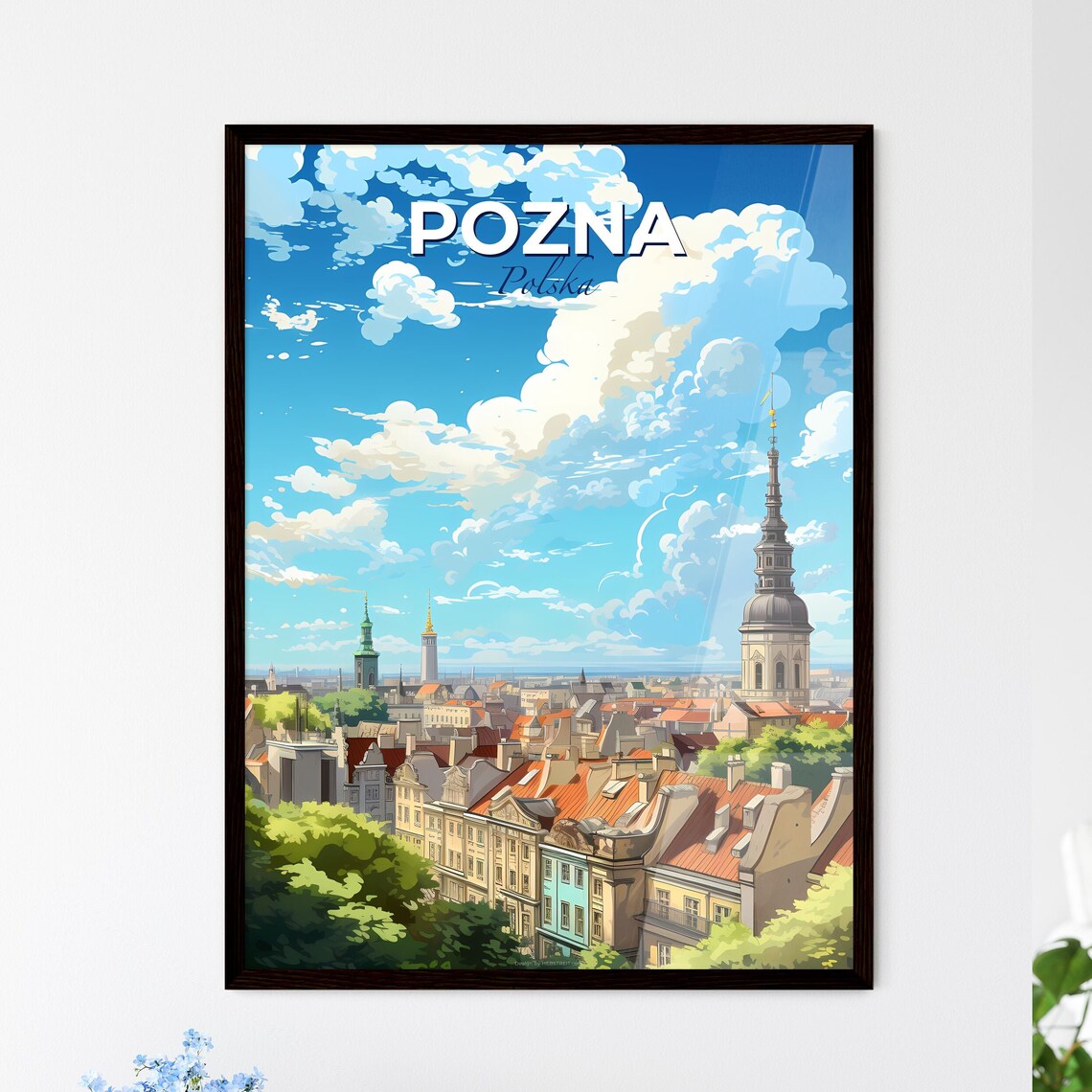 Pozna Polska Skyline Old Town Towers Church Spire Rooftops Travel Poster