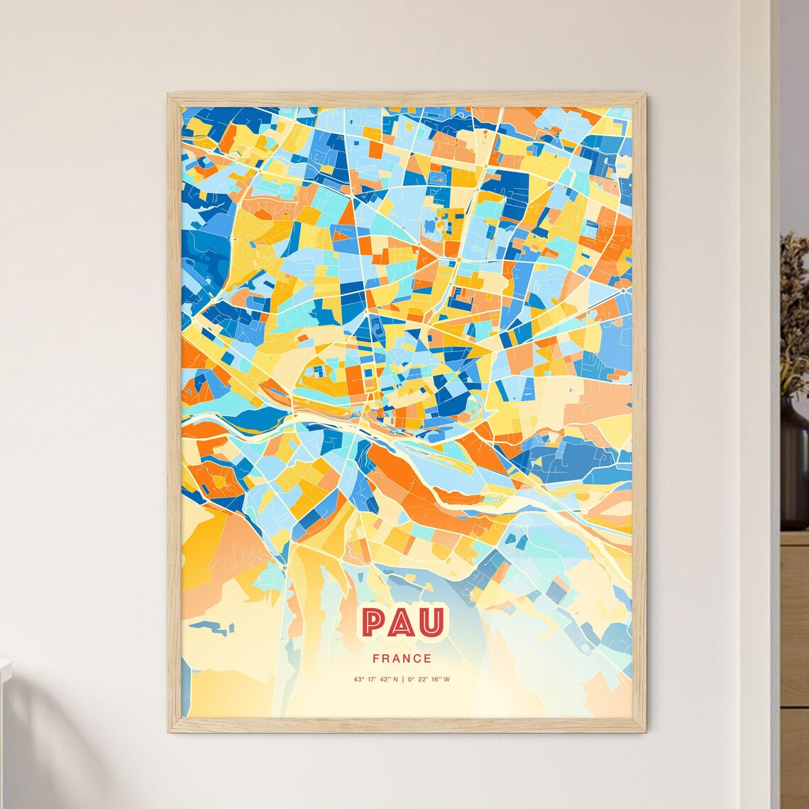 Pau France Colorful Blue and Orange Retro City Street Map Wall Art