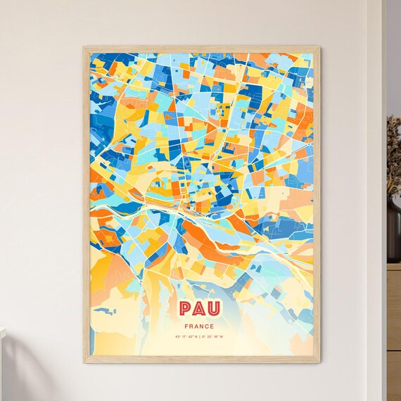 Pau France Colorful Blue and Orange Retro City Street Map Wall Art